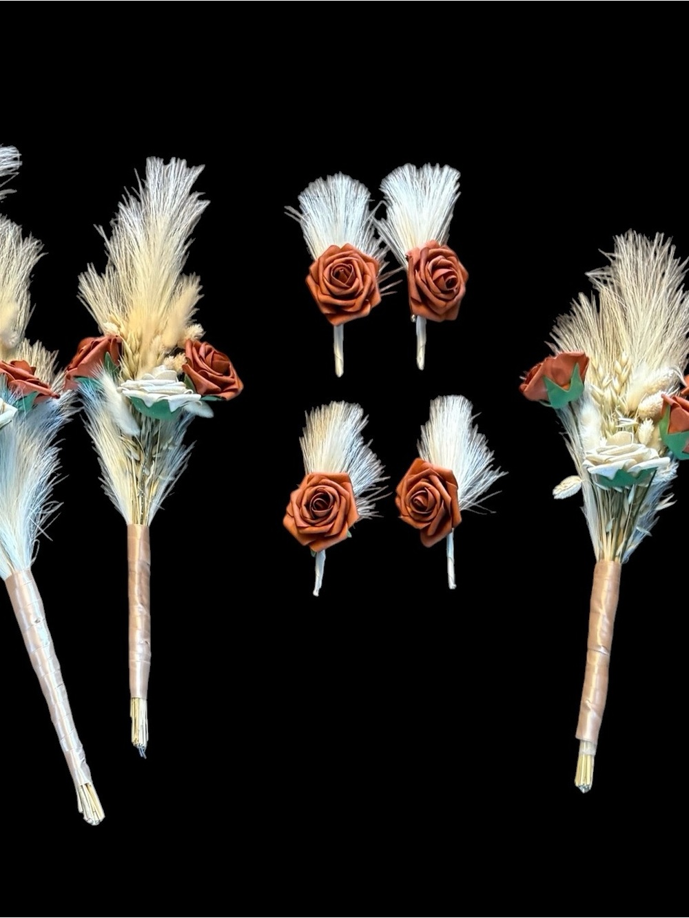 Rust Orange Rose & Wheat Boutonniere Set